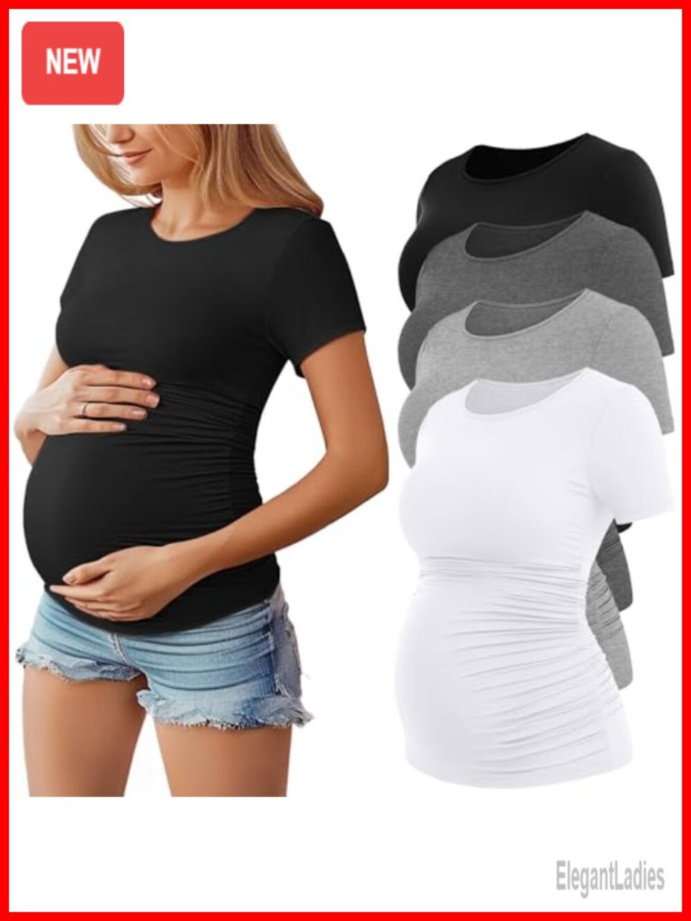4 Pack Women's Maternity Short Sleeve Crew Neck Ruched T-Shirts